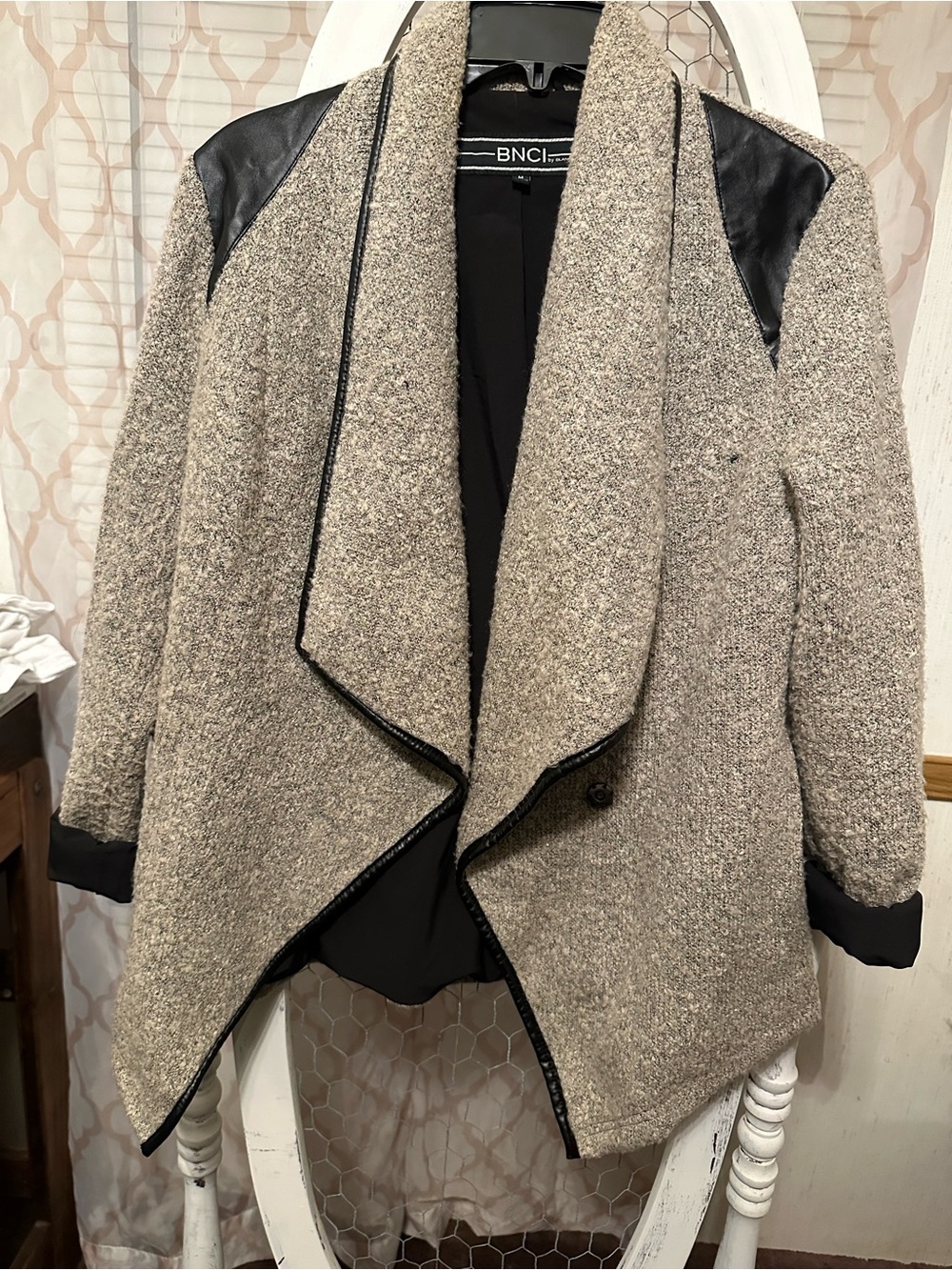 blanc noir Gray Textured Draped Jacket with Black Trim